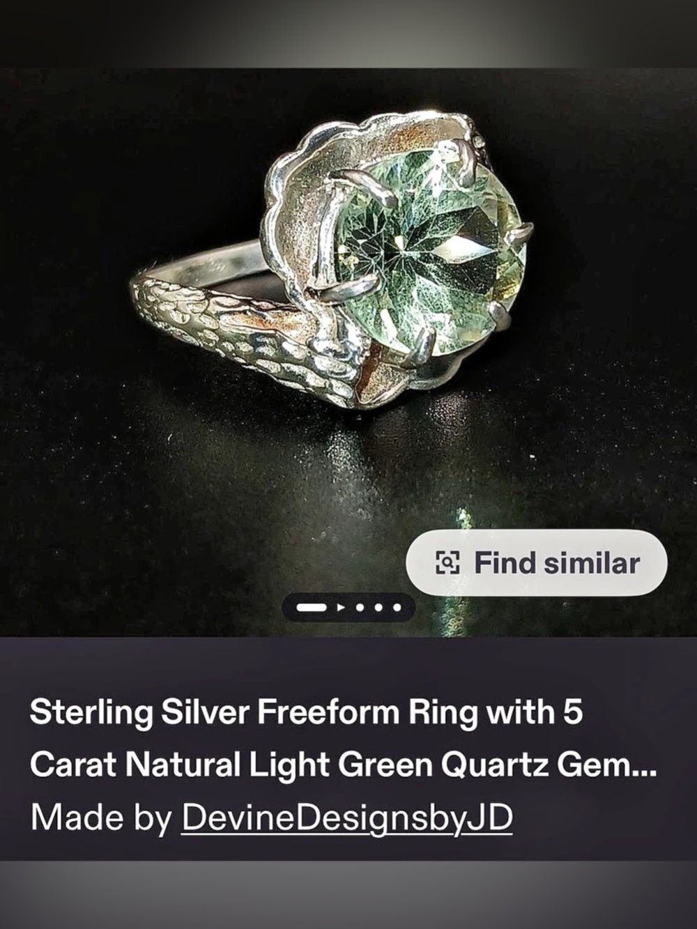 J.D. Devine Freeform Ring 5 Carat Green Quartz Ring Size 8